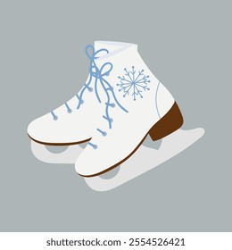 White elegant women's pair of skates. Figure skating boots, laced shoes with blade. Skaters footwear for winter rink sport. Flat vector illustration isolated on white background.