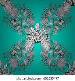 White element on blue background. Antique white repeatable wallpaper. White floral ornament in baroque style. Damask seamless pattern repeating background.
