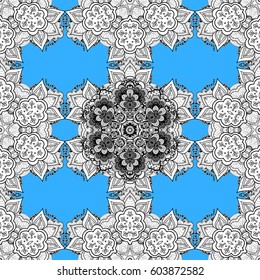 White element on blue background. Luxury, royal and Victorian concept. Ornate vector decoration. Vintage baroque floral seamless pattern in gray over blue.