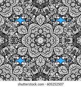 White element on blue background. Gray floral ornament in baroque style. Damask seamless repeating pattern. Antique white repeatable wallpaper.