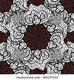 White element on a brown background. Light floral ornament in baroque style. Damask background. White floral seamless pattern.