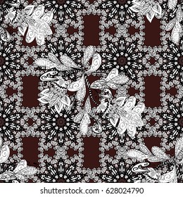 White element on brown background. Dim brown floral ornament in baroque style. Damask background. White floral wallpaper. Pattern.