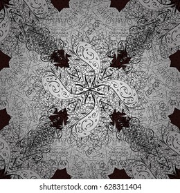 White element on brown background. Antique white repeatable wallpaper. White floral ornament in baroque style. Damask seamless pattern repeating background.