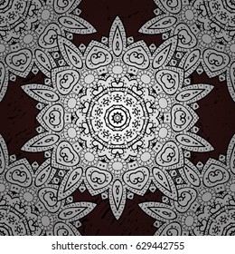 White element on brown background. White floral ornament in baroque style. Damask seamless pattern repeating background. Antique white repeatable wallpaper.