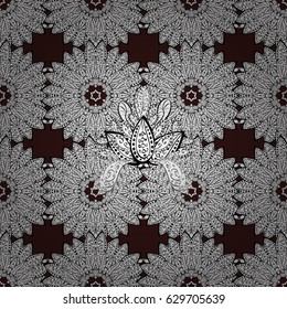 White element on brown background. Damask seamless repeating background. White Wallpaper on texture background. White floral ornament in baroque style.