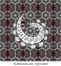 White element on brown background. Antique whiteen repeatable wallpaper. White floral ornament in baroque style. Damask seamless repeating pattern.