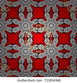White element on red background. Antique white repeatable wallpaper. White red floral ornament in baroque style. Damask ornamental pattern repeating background.