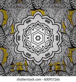 White element on yellow background. Damask pattern repeating background. Antique white repeatable wallpaper. Ornamental yellow floral ornament in baroque style.