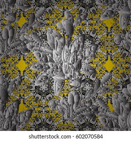 White element on yellow background. Ornamental Wallpaper on texture background.Damask pattern repeating background. Ornamental yellow floral ornament in baroque style.