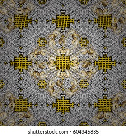 White element on yellow background. Ornamental Wallpaper on texture background.Damask pattern repeating background. Ornamental yellow floral ornament in baroque style.