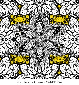 White element on yellow background. Damask pattern repeating background. Antique white repeatable wallpaper. Gray yellow floral ornament in baroque style.