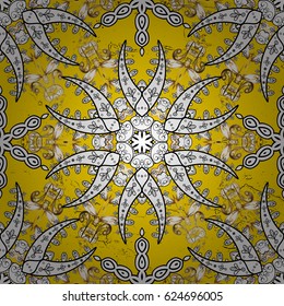 White element on yellow background. Gray Wallpaper on texture background.Damask pattern repeating background. Gray yellow floral ornament in baroque style.