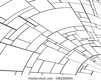 White elements with black stripes. Abstract composition. Black-white vector illustration.