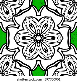 White elements on green background. Stylish graphic pattern. Vector background. Floral pattern. Wallpaper baroque, damask.