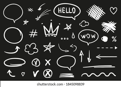 White elements on isolated black background. Hand drawn signs and symbols. Black and white illustration