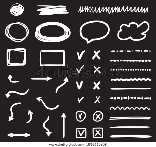 White elements on\
isolated black background. Hand drawn signs and symbols. Black and\
white illustration