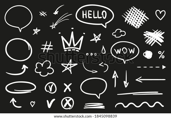 White elements on\
isolated black background. Hand drawn signs and symbols. Black and\
white illustration