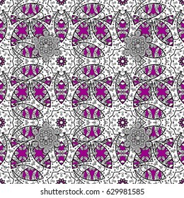 White elements on magenta background. Stylish graphic pattern. Seamless vector background. Floral pattern. Wallpaper baroque, damask.