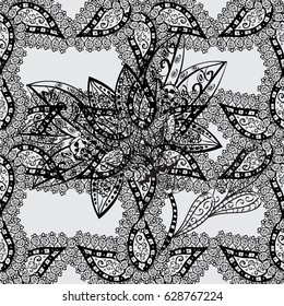 White elements in oriental style arabesques. Seamless white textured curls. Seamless pattern on gray background. Vector white seamless pattern.