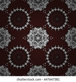 White elements in oriental style arabesques. Seamless white textured curls. Seamless pattern on brown background. Vector white seamless pattern.