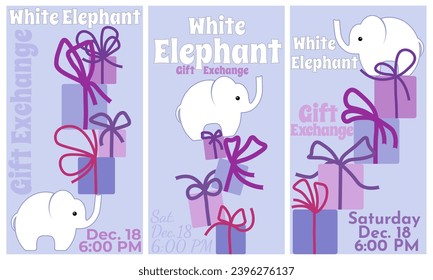 White elephant gift exchange card set, set of vertical card or flyer design vector illustration for traditional holiday game