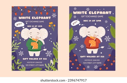 White elephant gift exchange party game template, set of two posters. Funny grumpy character who is surprised by what he sees in the gift box. Christmas party