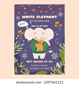 White elephant gift exchange party game template. Funny grumpy character in green sweater who is surprised by what he sees in the gift box. Christmas party