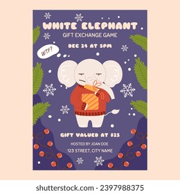 White elephant gift exchange party game template. Funny grumpy character in red sweater who is surprised by what he sees in the gift box. Christmas party