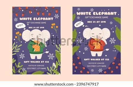 White elephant gift exchange party game template, set of two posters. Funny grumpy character who is surprised by what he sees in the gift box. Christmas party