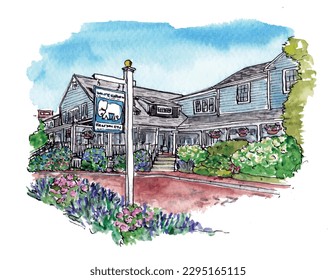 White Elephant Nantucket restaurant, blue building, wooden, landscape, wedding venue. Watercolour sketch illustration. Isolated vector. svg