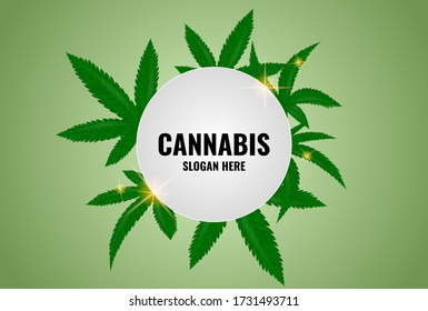 
Weiße Ellipse für Text mit einem Rahmen aus Hanfblättern auf grünem Hintergrund.Medical CBD Hemp Oil Organic green plant Wallpaper in web-page.Template dekoriert.Stock Vektor Illustration.