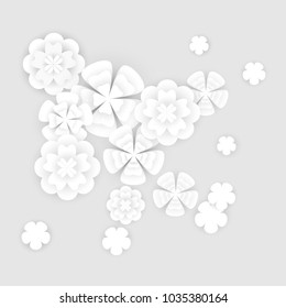 White embellishment flowers in paper cut technique, vector illustration. Spring floral graphic design elements isolated on gray background, for banners, wedding cards, flyers.