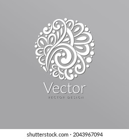 Emblema blanco con flor en forma de círculo. Se puede usar para la joyería, la belleza y la industria de la moda. Ideal para logotipo, monograma, invitación, volante, menú, fondo o cualquier idea deseada.