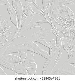 White Emboss floral 3d seamless pattern. Tropic leaves flowers relief background. Repeat textured white backdrop. Surface embossed flowers leaves. 3d endless textured ornament with embossing effect. 