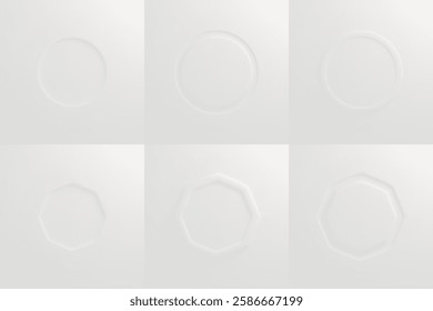 Quadros circulares e octógonos em relevo branco no plano de fundo claro. Formas geométricas minimalistas com relevo sutil, bordas elevadas e sombras suaves. Elementos de design limpo para o modelo de apresentação moderno.