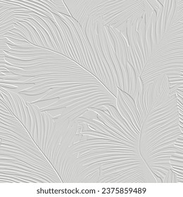 White embossed tropical leafy 3d pattern. Tropic leaves relief background. Textured grunge backdrop. Surface emboss leaves. 3d beautiful tropical ornaments with embossing effect. Leafy ornate texture.