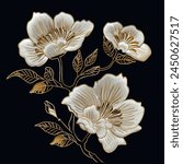 White embroidery 3d blossom flowers with gold lines stamens, leaves. Line art embroidered japanese style isolated white gold blooming flowers on black background. Vector floral textured ornate design.