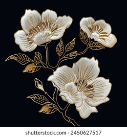 White embroidery 3d blossom flowers with gold lines stamens, leaves. Line art embroidered japanese style isolated white gold blooming flowers on black background. Vector floral textured ornate design.