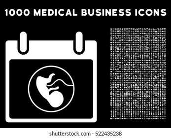 White Embryo Calendar Day vector icon with 1000 medical business pictograms. Set style is flat symbols, white color, black background.