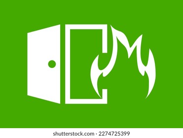 White emergency exit door fire escape sign warning icon on green background flat vector design