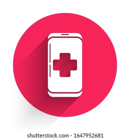White Emergency mobile phone call to hospital icon isolated with long shadow. Red circle button. Vector Illustration