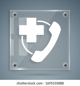 White Emergency phone call to hospital icon isolated on grey background. Square glass panels. Vector Illustration