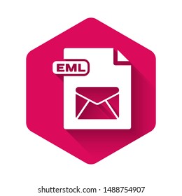 White EML file document. Download eml button icon isolated with long shadow. EML file symbol. Pink hexagon button. Vector Illustration