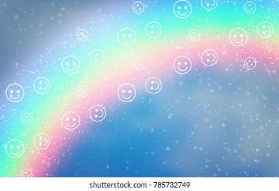 white emoticons on the background of a rainbow and a blue sky with clouds