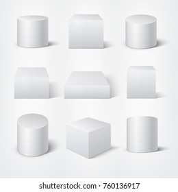 White empty 3D cylinders and cubes. Vector product podiums template. Cylinder geometric element, shape geometry figure collection illustration