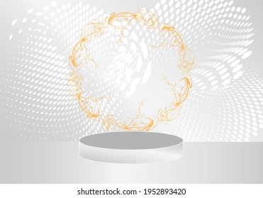 White empty 3d platform illustration background. Design 3d podium abstract with minimal round gold object, for exhibition pedestal of stand product mockup. Luxury decoration for product showcase.