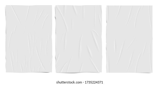 White Empty Badly Glued Paper Texture, Wet Wrinkled Effect Paper Sheets, Vector Realistic Set. Gray Crumpled Posters Isolated On White Background. Vector Illustration, Blank Templates Set