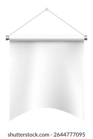 Anuncio vacío blanco que cuelga elegantemente en una pared blanca, agitando suavemente para crear una forma suave y curva, perfecta para mostrar diseños y entregar mensajes de manera efectiva