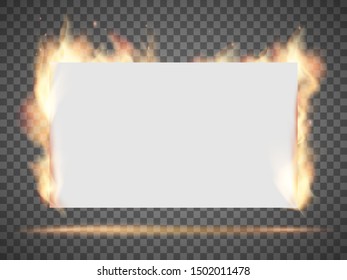 White empty banner or sheet of paper on fire. Isolated on a transparent background. Vector template