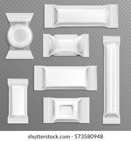 White Empty Bar Polyethylene Wrapper Packaging, Isolated Candy Package Vector Set. Polyethylene Package For Food Illustration